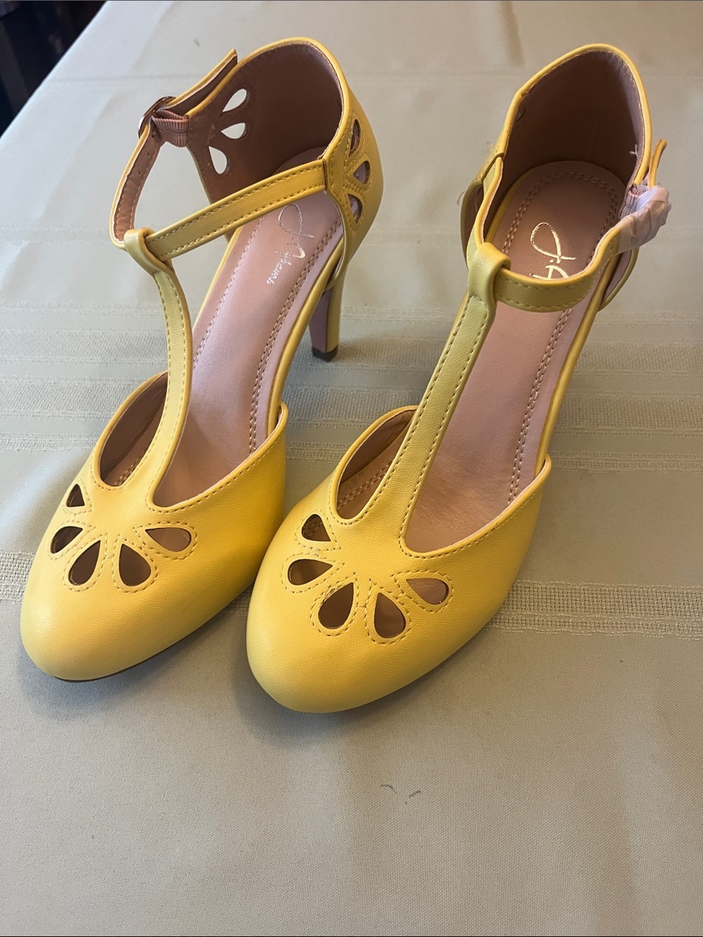 J. Adams Bright Yellow T‑Strap Floral Cutout Heels Size 8.5